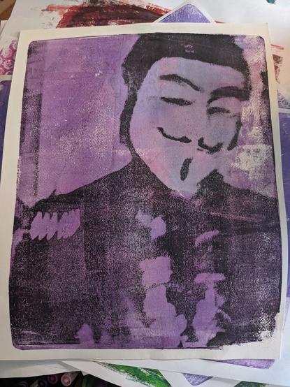 Gel plate monoprint of a man wearing a mask in black ink with purple/pink background.