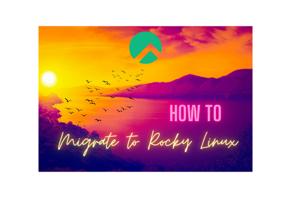 birds migrating across water toward the rocky linux logo, which sits above a line of mountains.