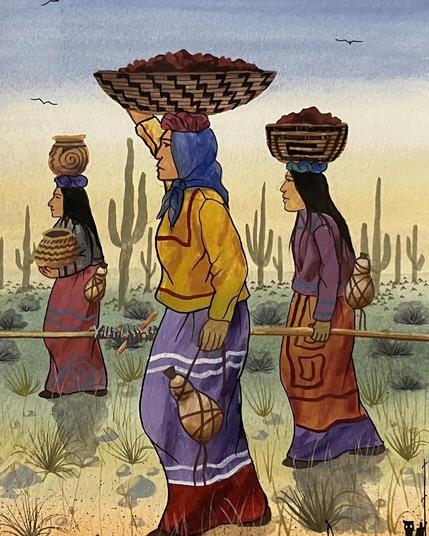 Three women in traditional clothing walking through the desert with woven baskets on their head carrying saguaro fruit