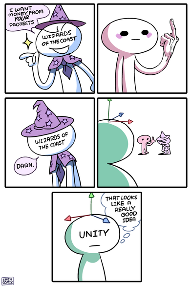 Panel 1: A character in wizard hat and tiny robe with "Wizards of the Coast" on its face says "I want money from YOUR projects"
Panel 2: A generic flat-affect person holds up a bizarrely realistic middle finger.
Panel 3: Wizards of the Coast looks dejected and says "Darn."
Panel 4: From afar, someone is watching the scene
Panel 5: A blank-faced character with 3D axis markers on its head and "Unity" on its face thinks "That looks like a really good idea"