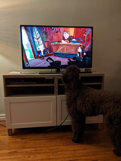 Guybrush the dog looking at Return to Monkey Island on the TV