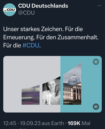 screenshot, CDU Video, neues Logo mit drei größer werdenden Balken, im rechten Balken, ein Ausschnitt des georgischen Präsidentenpalastes