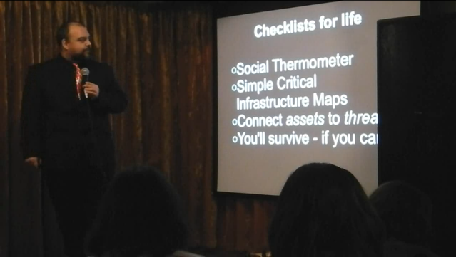 Presentation slide:

Checklists for life

Social Thermometer

Simple Critical Infrastructure Maps

Connect *assets to threats*

You'll survive - if you can