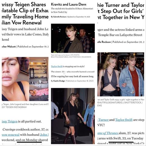 Collage of news articles showing 30-something celebrities out & about town during a Covid surge