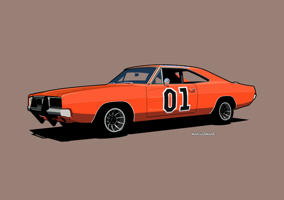 Drawing of a 1969 Dodge Charger "The General Lee" as seen in the TV series "The Dukes of Hazzard"