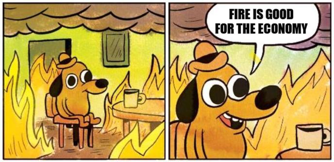 The This is Fine dog meme, with the dog saying Fire is good for the economy.
