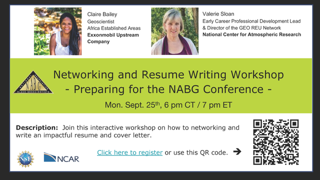 Flyer for the NABG Annual Technical Conference Workshop: Preparing for #NABG42:  Networking and Resume Workshop for Students, brought to you by the National Center for Atmospheric Research and ExxonMobil Monday Sept. 25th, 6 pm CT / 7 pm ET.