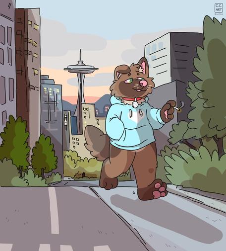 Seattle skyline afternoon, pupper is smoking a j and heading east bound for Capitol Hill's Cal Anderson Park