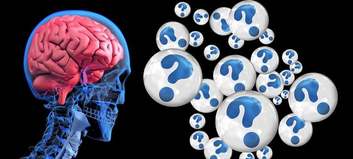 On the right side of the image is an Illustration of a human head (skull) on a black background with a deep pink brain contained therein.  On the left side are many blue question marks in floating bubbles of varying size. They represent the confusion and barrage of thoughts that many with Brain Injuries often experience.