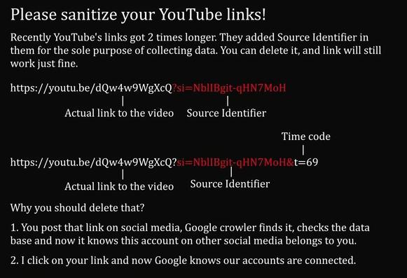 instructions on how to remove source identifiers from YouTube links. Remove the part including si= and before any & or ? sign.