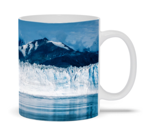 Mug with image of icy ocean currents swirling around the base of where an Alaska glacier meets the sea