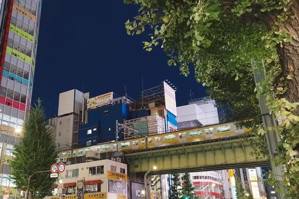 Picture taken from the sidewalk looking up at an angle. A commuter train crosses the elevated tracks over the busy electronics and maid cafe district.