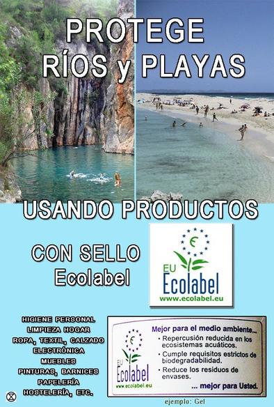 Meme con el lema "Protege ríos y playas usando productos con sello Ecolabel" con dos imágenes de un río y una playa con aguas turquesas.

Aparece también un sello europeo de Ecolabel y un detalle con información de su impacto. 

Además hay una lista de productos que pueden llevar el sello: higiene personal, limpieza hogar, ropa, textil, calzado, electrónica, muebles, pinturas, barnices, papelería, hostelería, etc.