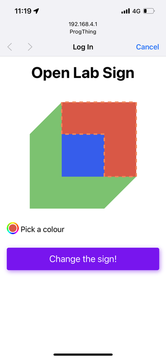 A screenshot of a webpage with our logo on it with a colour picker and big submit button
