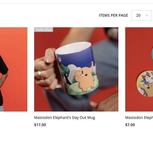 Imagem de uma caneca com um desenho fofíssimo do mascote do mastodon, aparentemente a venda em algum lugar não identificado pelo preço de $17,00 (se o preço está em dólares ou não, eu não sei).
