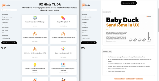 Screenshot of the homepage with different resources listed in small cards, and a detailed page explaining the baby duck syndrome in UX (users get attached to the first interface they discover like baby ducks to their mums)