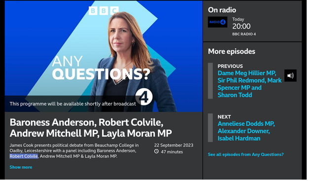 The Program Page for BBC Radio 4's "Any Questions" that will air at 8pm on Friday 22nd September