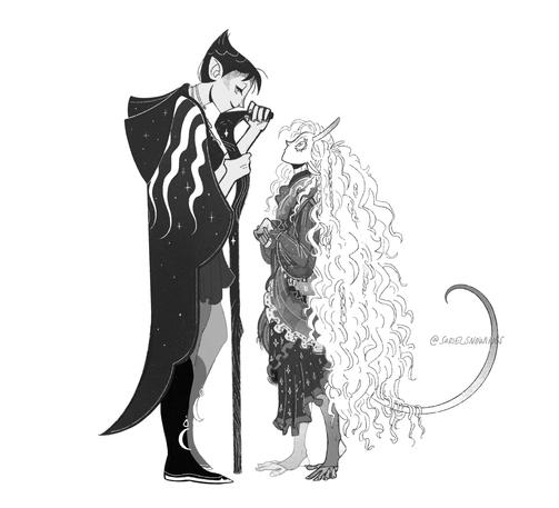 A black and white digital drawing of a tall, very tall lady with pointy ears, short hair and a pretty cloak resting her head on her wooden staff and looking down at Dazzle, a much shorter albino tiefling (demon-person).
