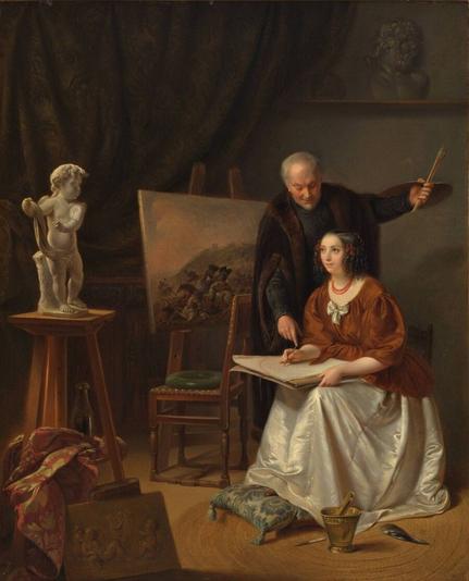 Well dressed young woman being given instructions in sketching by a male art teacher or artist Victorian art