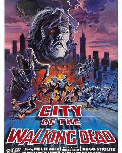 movie poster for a film called city of the walking dead starring Mel Ferrer. a scary zombie some lightning and the new York skyline. looks like some amazing hot garbage.