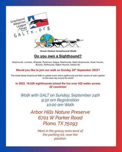 Flyer advertising Great Global Greyhound Walk hosted by Greyhound Adoption League of Texas, meeting in Plano, Texas on Sunday, September 24 at 10 AM.