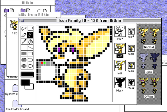 a screenshot of ResEdit, a Mac utility, running under System 7. The icon editor window is open, showing Patch in a variety of bit depths.