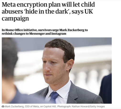 Guardian headline that says, "Meta encryption plan will let child abusers 'hide in the dark', says UK campaign" by the Home Office