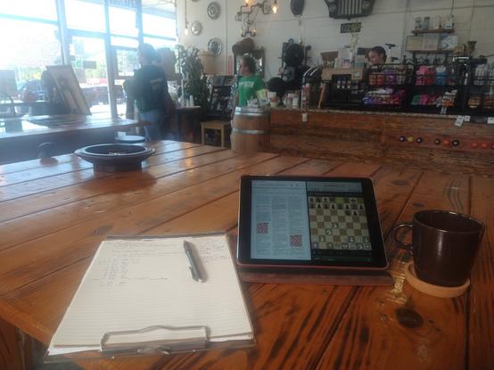 Sitting in a café, studying chess. İn the photo there is a notebook where the reader is making handwritten notes on a chess game that Tani Adewumi is battling an international chess master to earn his master's title, at 10 years and 7 months old. He becomes the 28th youngest chess master in U.S. history at this chess event. The first five moves are: 1. d4, Nf6; 2. c4, g6; 3. Nc3, Bg7; 4. e4, 0-0; 5. Be3, d6.