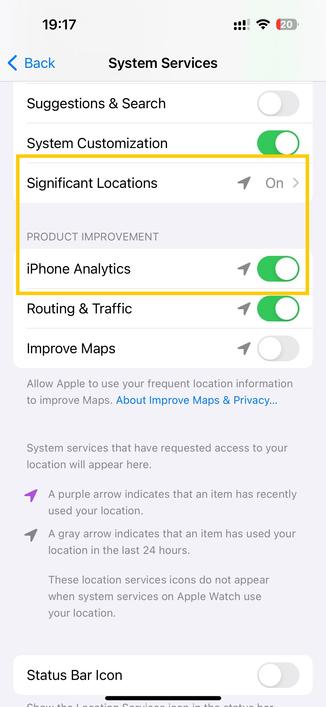 Screenshot of the location services settings that iOS 17 switches on even if they were disabled before.