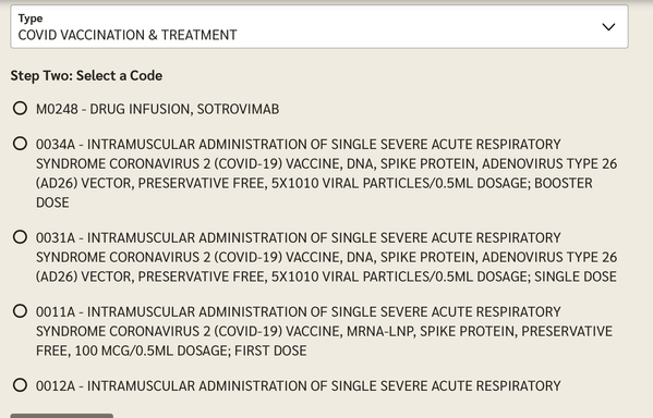 A screenshot of COVID vaccinations types and treatments my health insurance carrier expects me to know the billing for!
