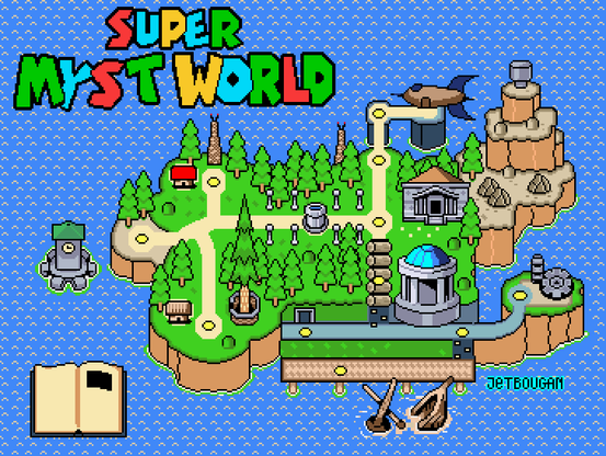 pixel art - myst island redone in the style of super mario world's overworld map