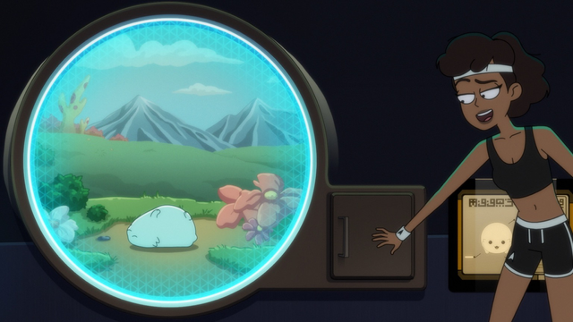 Screencap of a an adorable Moopsy resting contentedly on its back, seen through a circular into its menagerie environment in Lower Decks season 4.  Mariner stands to the right outside the environment with her hand pressing the hatch closed.