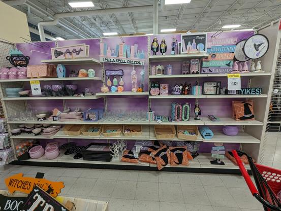 A large retail display of 5 1/2 shelves full of stupidly cute pastel-colored Halloween decorations. I want them all.

There are nearly 100 items: many hanging signs, pink skull cookie jars, food & drink dishes, pillows, and little statues. A lot of them are pink.

They are marked 40% off because everything is always on "sale" at Michaels.