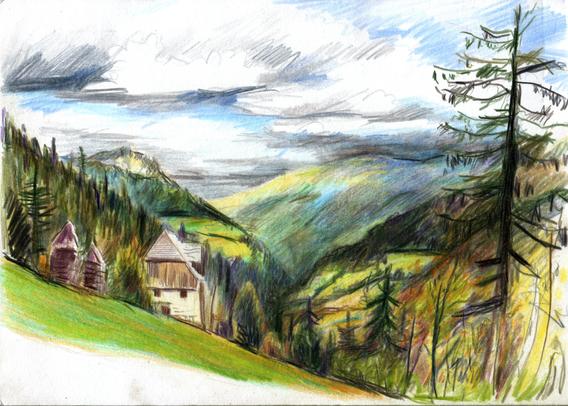 Mountains, a farm, trees and clouds in fall