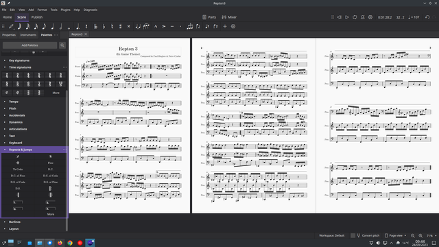 The score of the Repton 3 (In Game Theme) music composed by Paul Hughes and Peter Clarke shown in MuseScore. It's arranged for three single channel voices, two in the treble clef and one in the bass clef.