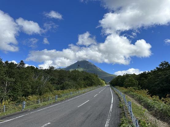 Mount Rausu off in the distance with a road heading toward it coming in from the lower left and up the center.

Trees line the road and the sky is beautiful blue with big puffy clouds.