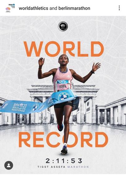 Tight Assefa in an image from the Berlin Marathon Ig account celebrating her phenomenal achievement