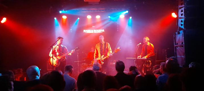 Three members of cult Irish indie band The Frank and Walters on stage swathed in orange and blue light.