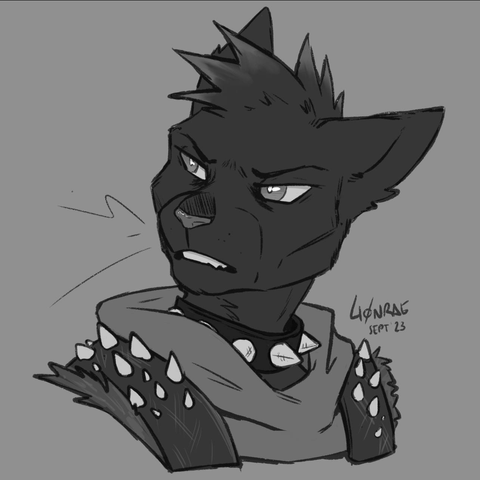 A black and white sketch of an anthro black cat. He's scowling to someone to his right, and wears a studded vest over a sweatshirt and a spiked collar.