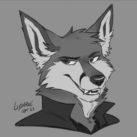 A black and white sketch of a fluffy anthro fox. He's playfully questioning someone to his right, mouth half-open in a smile.