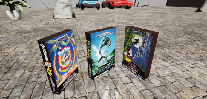 Une modélisation en 3D sous Unreal Engine 4 de 3 boites de jeux Megadrive, dont Tiny Toon Buster's Hidden Treasure, Ecco The Dolphin et Castle of Illusion.