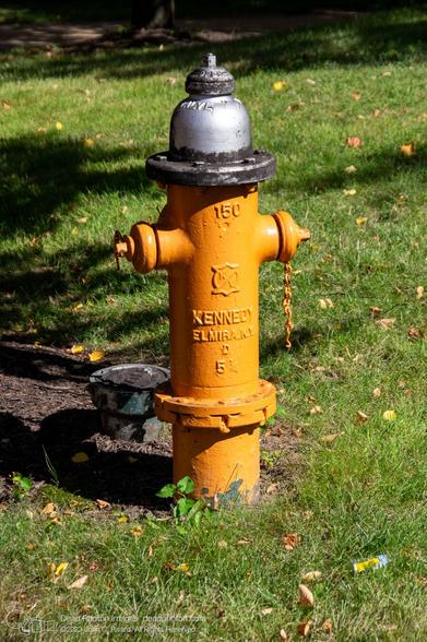 An orange fire hydrant with a silver cap. The cap has some black dirt clinging to the paint, the orange barrel looks fresh and shiny. Barrel embossing reads 150 [logo] KENNEDY ELMIRA N.Y. D 5 1/4