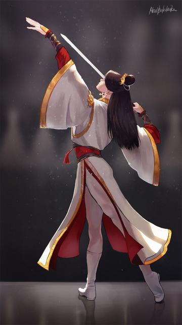 Xie Lian in an elegant ballet pose, wearing white robes and tights lined with gold and red, carrying a sword
