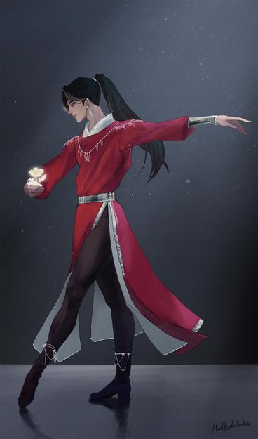Hua Cheng in an elegant ballet pose a little less dramatic than Xie Lian's, wearing red robes and black tights with silver and white accents, carrying a glowing flower