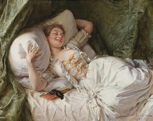 Happy fashionable young woman in a white ball gown relaxes after the event Victorian art