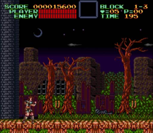 A screenshot from the start of a relatively early level of the SNES game Super Castlevania IV. I, the bold, adventurous player, have just died, again, have no extra weapons, and very little health left.