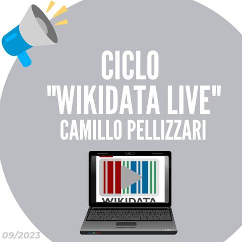 Illustrazione con "ciclo Wikidata live" scritto al centro, un portatile con lo schermo occupato dal logo wikidata sotto la scritta, un megafono in alto a sinistra e sfondo grigio a cerchio.