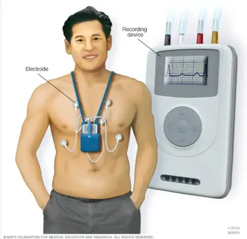 Young Man shirtless wearing a holler monitor recording device.
