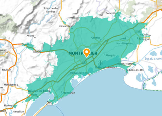 A screenshot of an 30 minutes isochrone map from the City Hall of Montpellier, using geoportail.gouv.fr (data from the IGN).