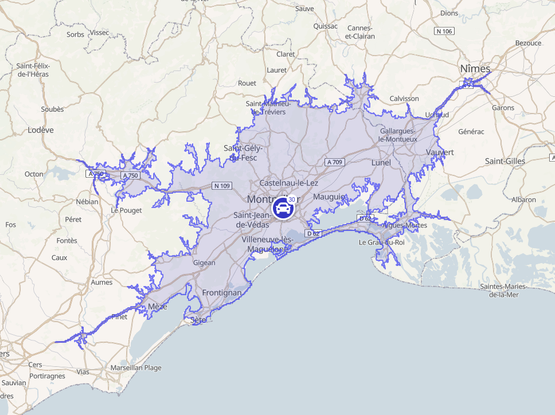 A screenshot of an 30 minutes isochrone map from the City Hall of Montpellier, using commutetimemap.com based on OpenStreetMap data.